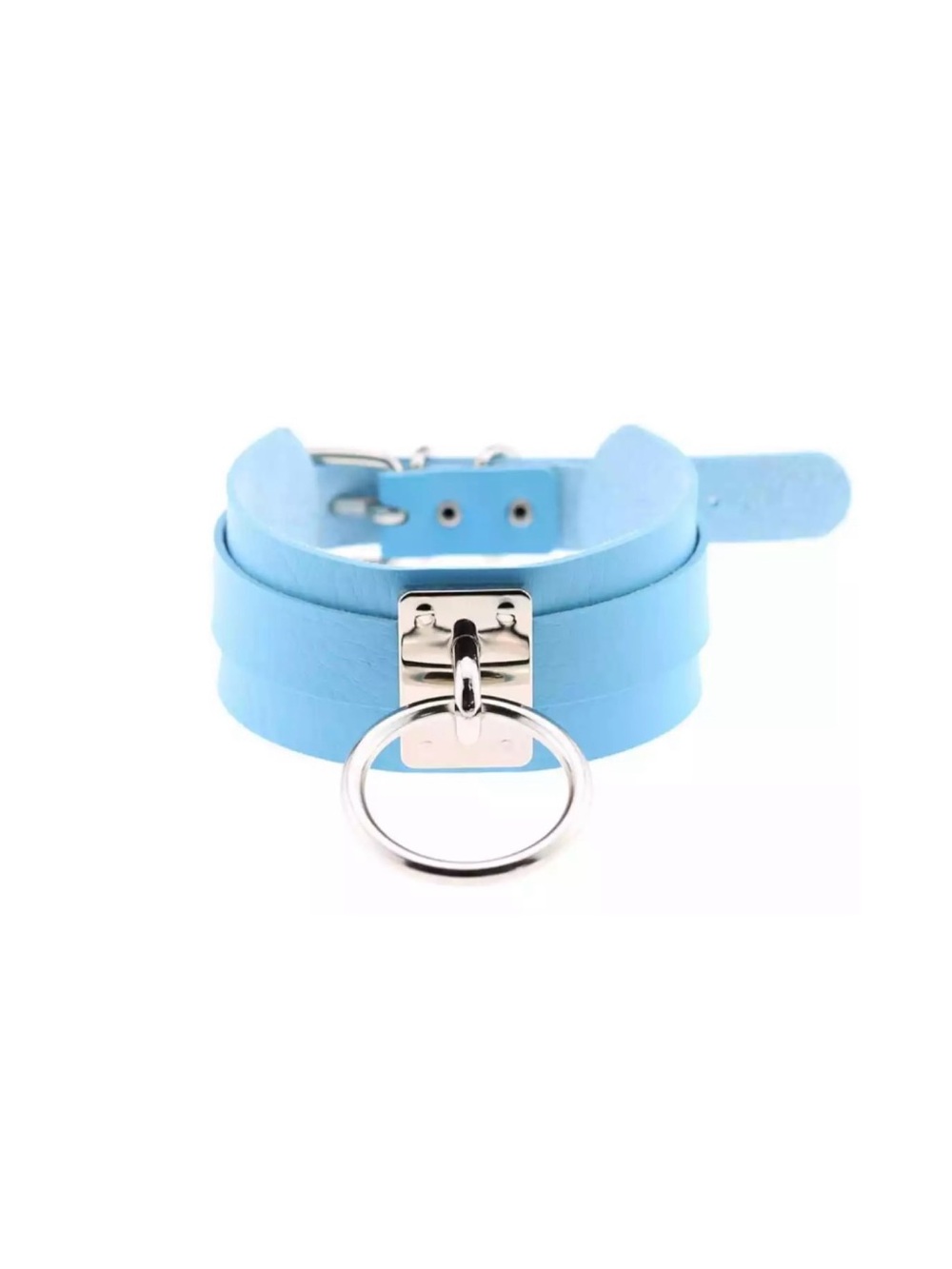 Baby Blue Leather Choker with O-Ring - Adjustable Pastel Statement Collar